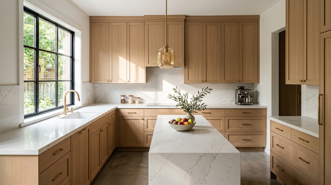 Finished luxury modern kitchen with white oak cabinets and quartz island