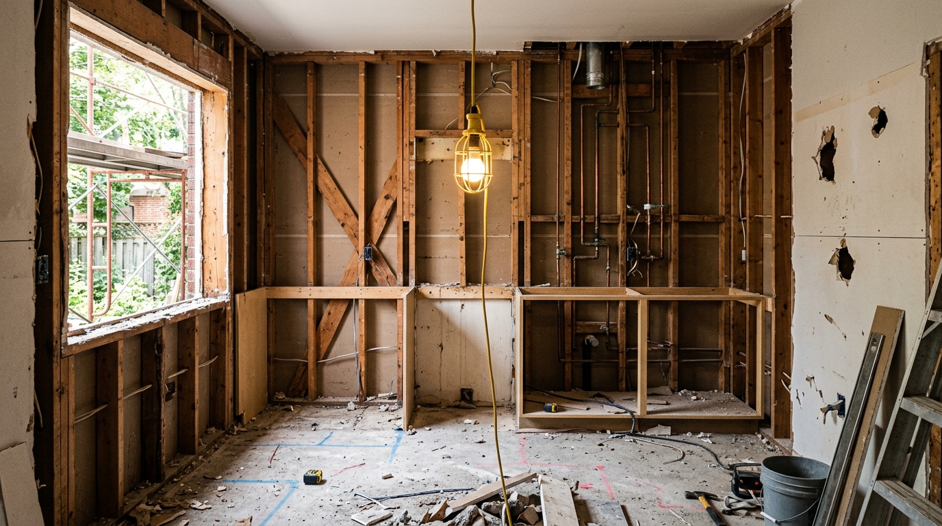 Kitchen during raw demolition phase with exposed studs and plumbing